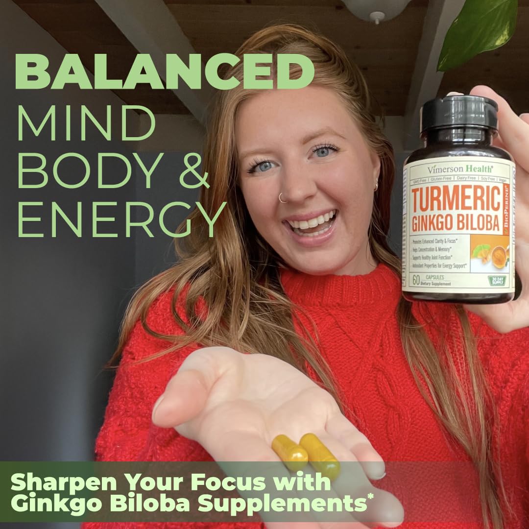 Vimerson Health Ginkgo Biloba & Turmeric Curcumin Supplement with Black Pepper – Focus, Memory & Joint Support – Vegan 2-Pack