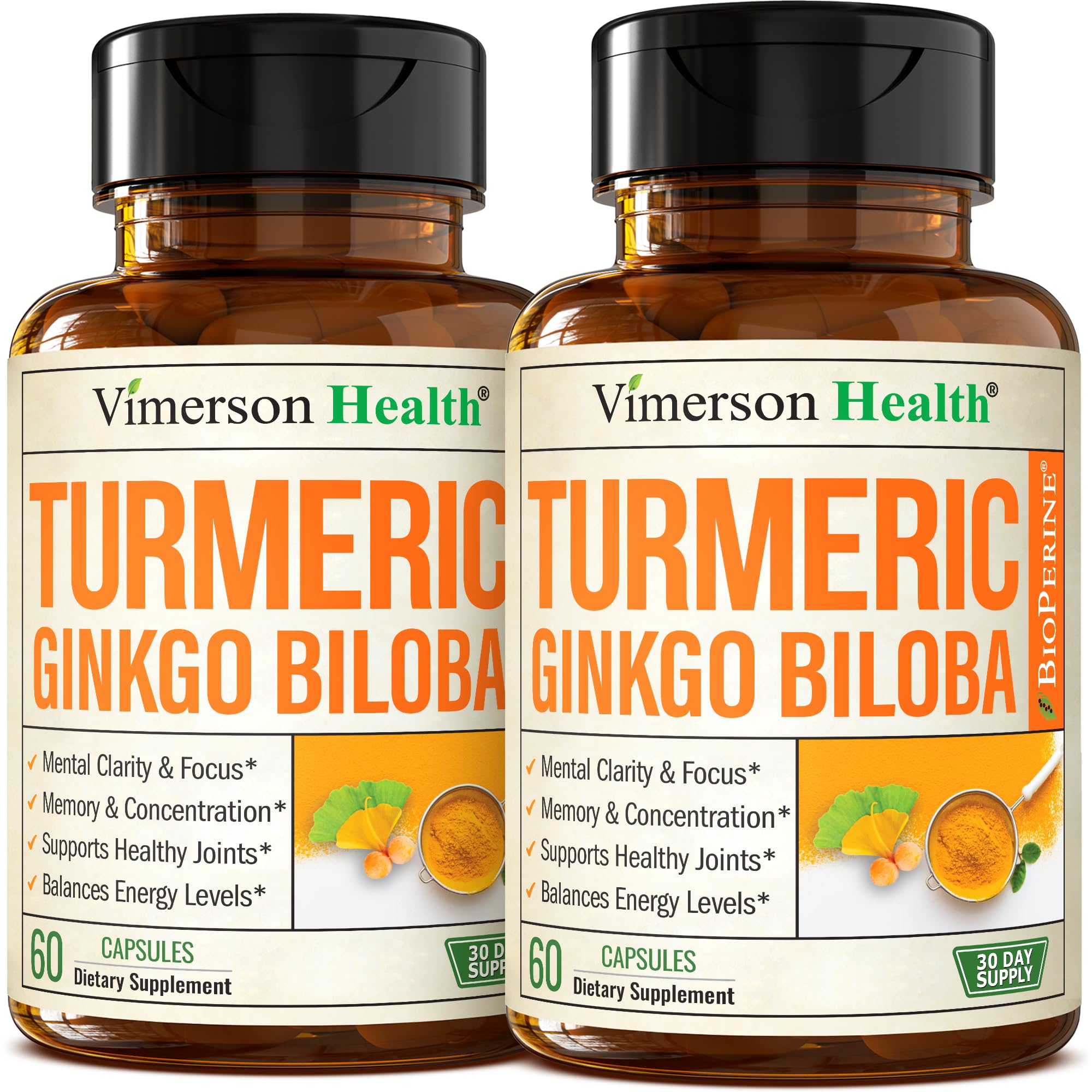 Vimerson Health Ginkgo Biloba & Turmeric Curcumin Supplement with Black Pepper – Focus, Memory & Joint Support – Vegan 2-Pack