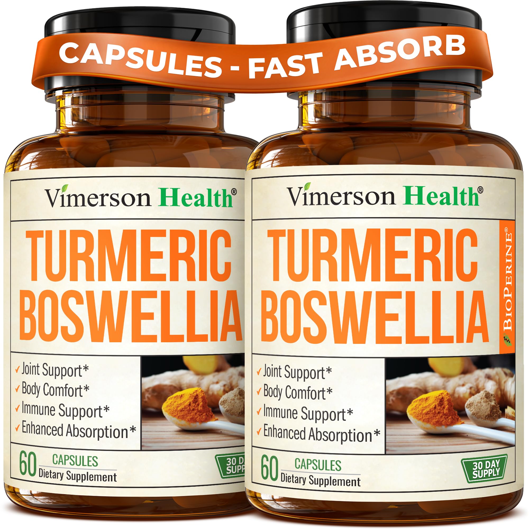 Vimerson Health Turmeric Curcumin with Boswellia Serrata & Ginger – 95% Curcuminoids, BioPerine, 2-Pack