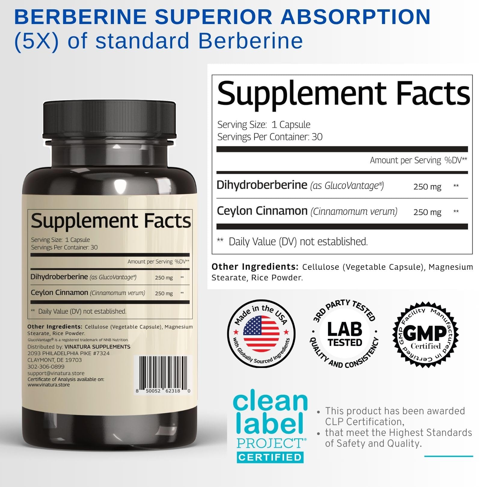VINATURA Dihydroberberine with Ceylon Cinnamon 500mg | GlucoVantage Super Berberine, 30 Capsules