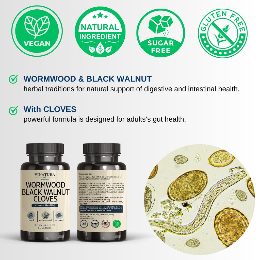VINATURA Wormwood Black Walnut Clove Capsules – Cleanse, Detox & Gut Health Supplement | 60 Capsules