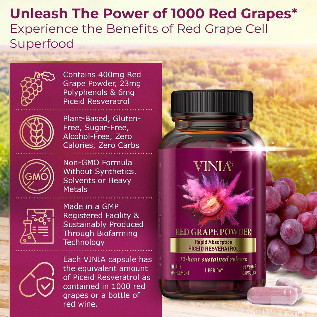 VINIA Piceid Resveratrol Supplement | Supports Blood Flow, Nitric Oxide, and Heart Health - Non-GMO, 60 Count