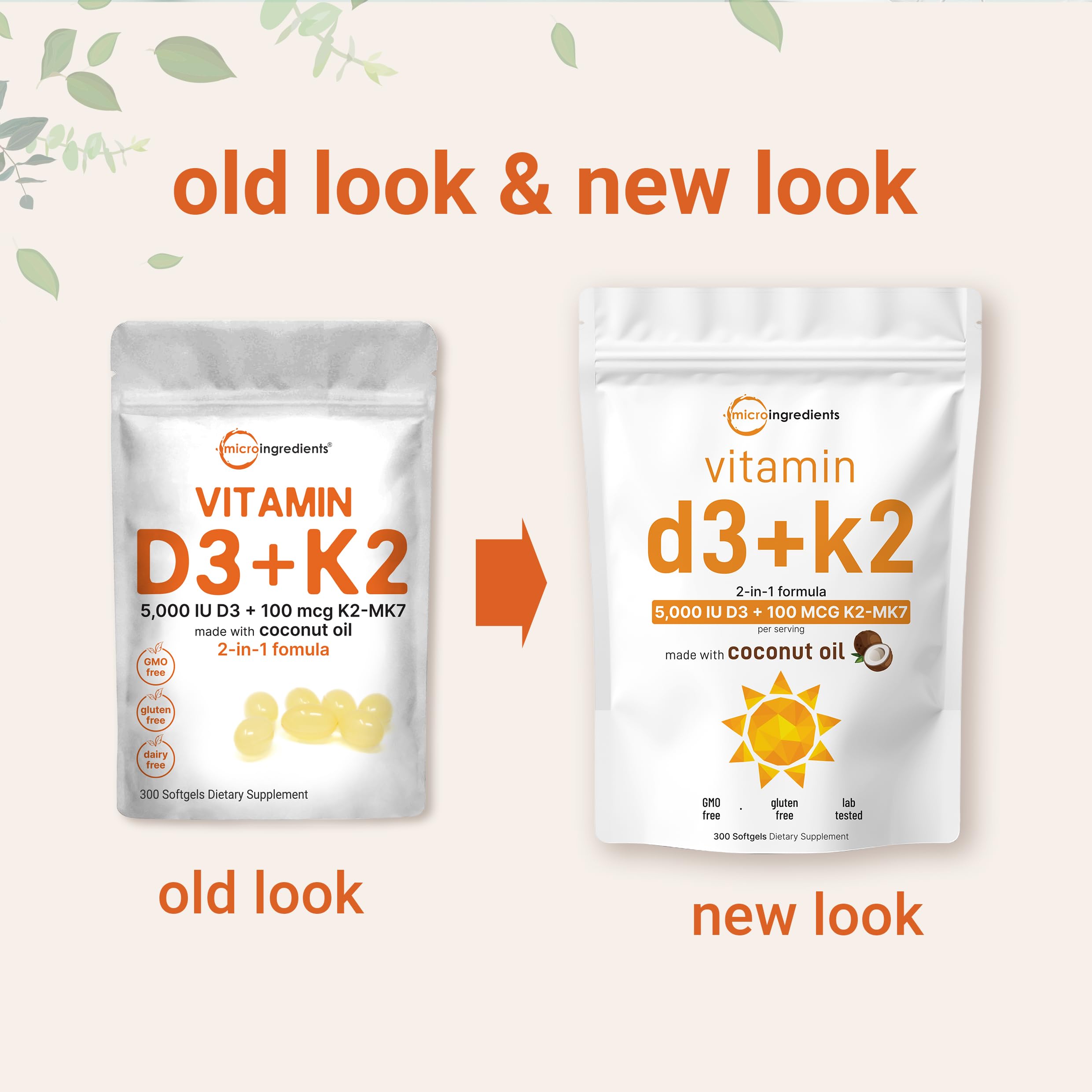 Vitamin D3 5000 IU + K2 MK-7 100 mcg – 300 Softgels, Virgin Coconut Oil