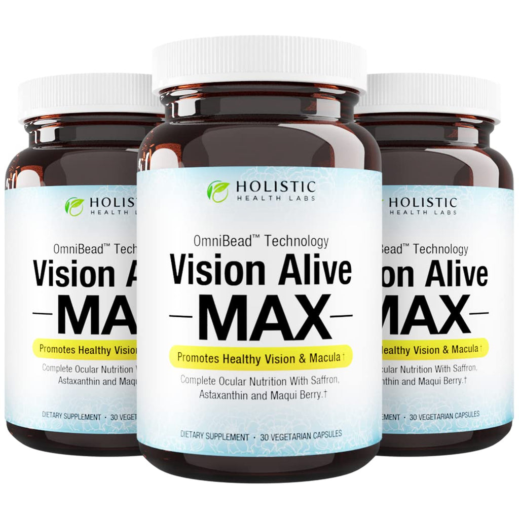 Holistic Health Labs Vision Alive Max – 8 Natural Eye Health Ingredients (Lutemax 2020, Bilberries, Blueberries, C3G from Black Currant, Maqui Berry, Saffron, Astaxanthin) – Pack of 3