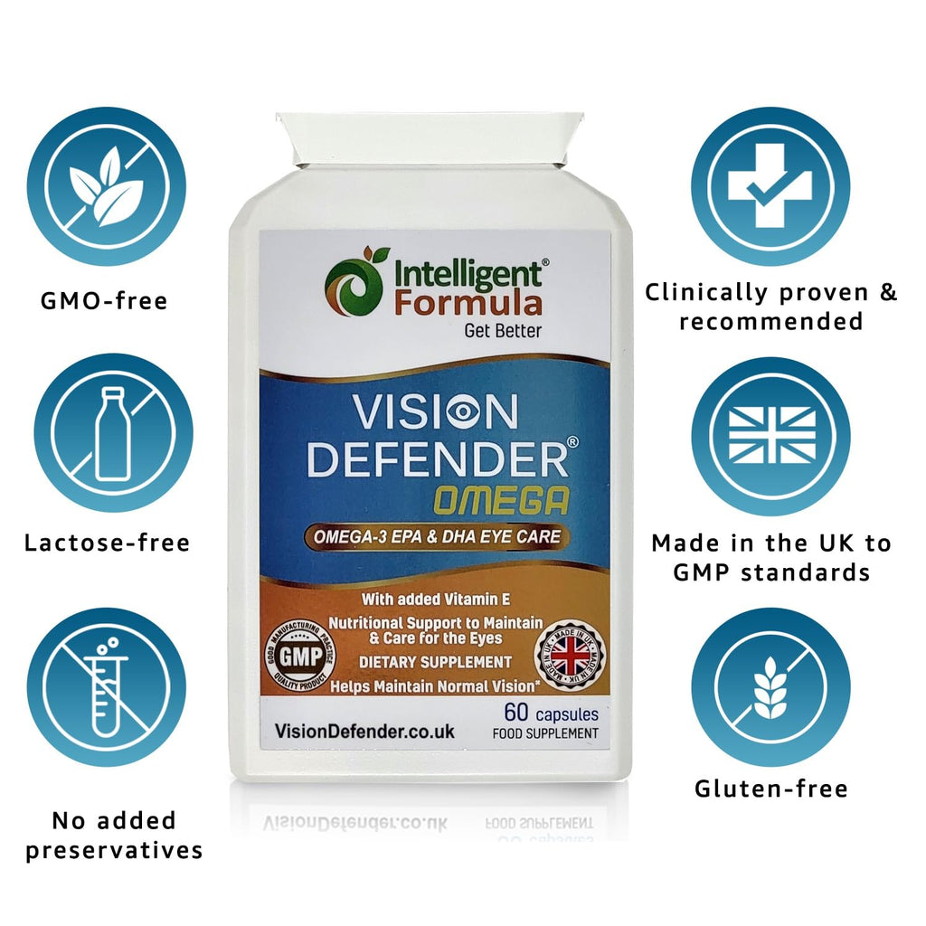Vision Defender Omega Eye Supplement - High Strength 1000mg Omega-3, EPA 400mg, DHA 200mg + Vitamin E | Made in UK