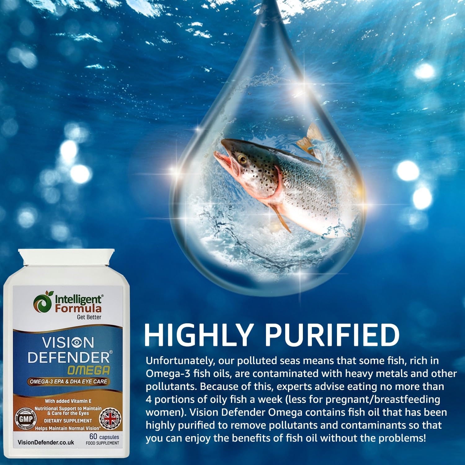 Vision Defender Omega Eye Supplement - High Strength 1000mg Omega-3, EPA 400mg, DHA 200mg + Vitamin E | Made in UK
