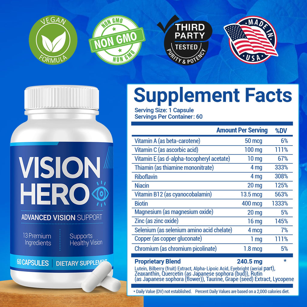 Vision Hero Advanced Vision Support - Eye Health Supplements for Adults (Pack of 2) | 60 Capsules