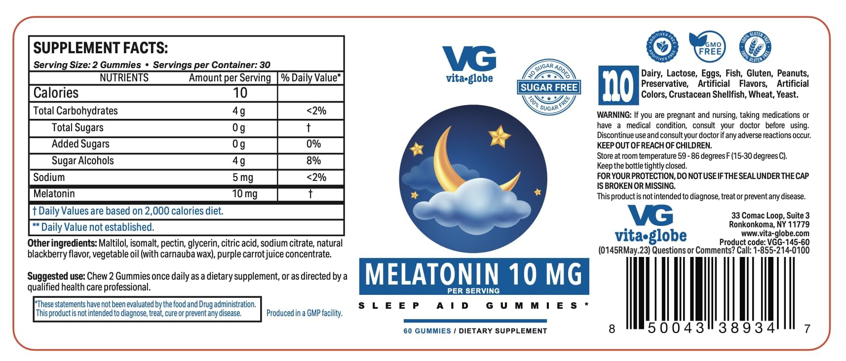 VITA GLOBE Melatonin 10mg Sleep Aid Gummies | Sugar-Free, Vegan, Non-GMO