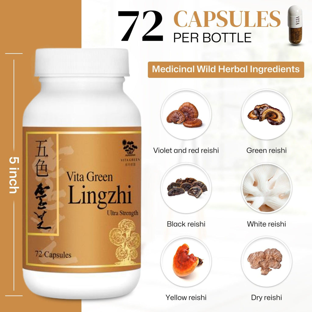Vita Green Lingzhi Mushroom Capsules – Pure Reishi with Natural Antioxidants for Wellness, Energy & Immune Support – 72 Capsules