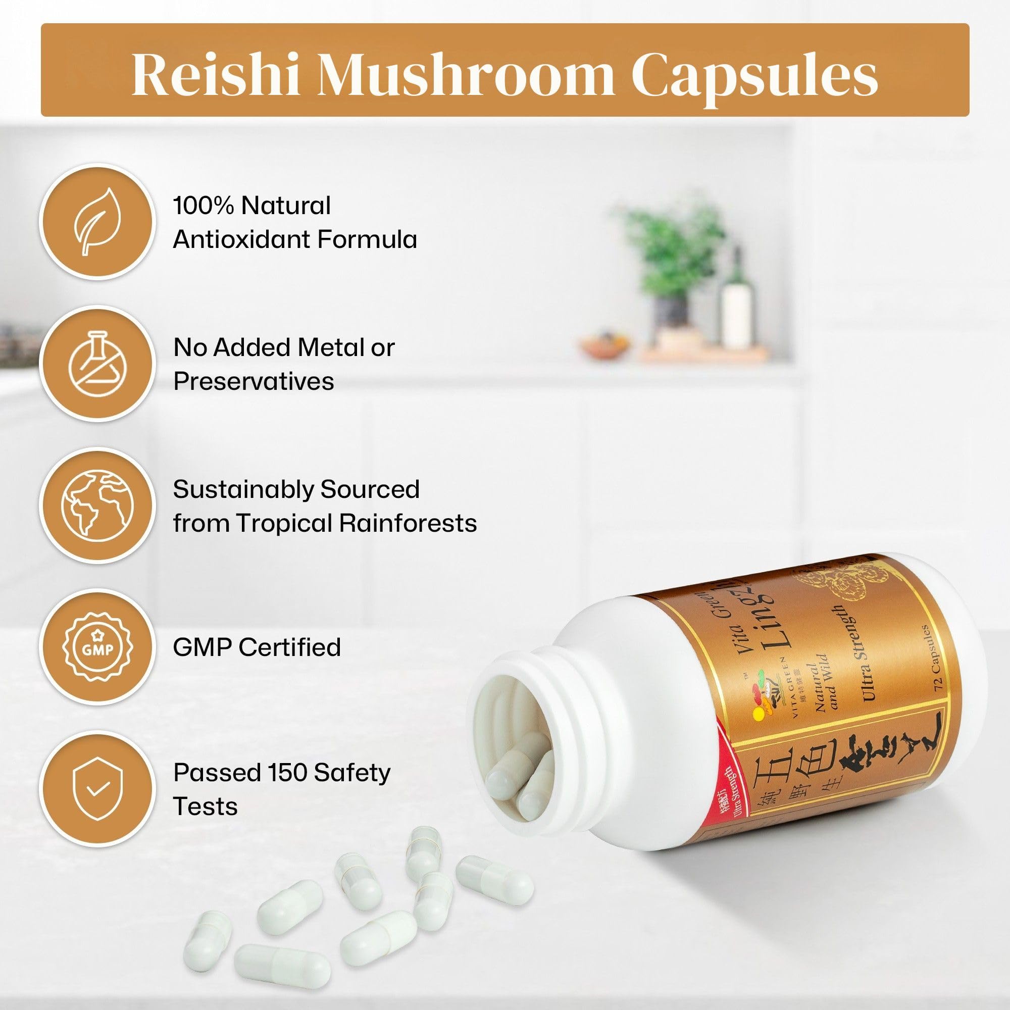 Vita Green Lingzhi Mushroom Capsules – Pure Reishi with Natural Antioxidants for Wellness, Energy & Immune Support – 72 Capsules