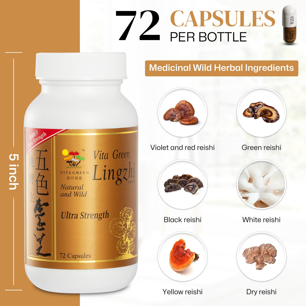 Vita Green Lingzhi Mushroom Capsules – Pure Reishi with Natural Antioxidants for Wellness, Energy & Immune Support – 72 Capsules