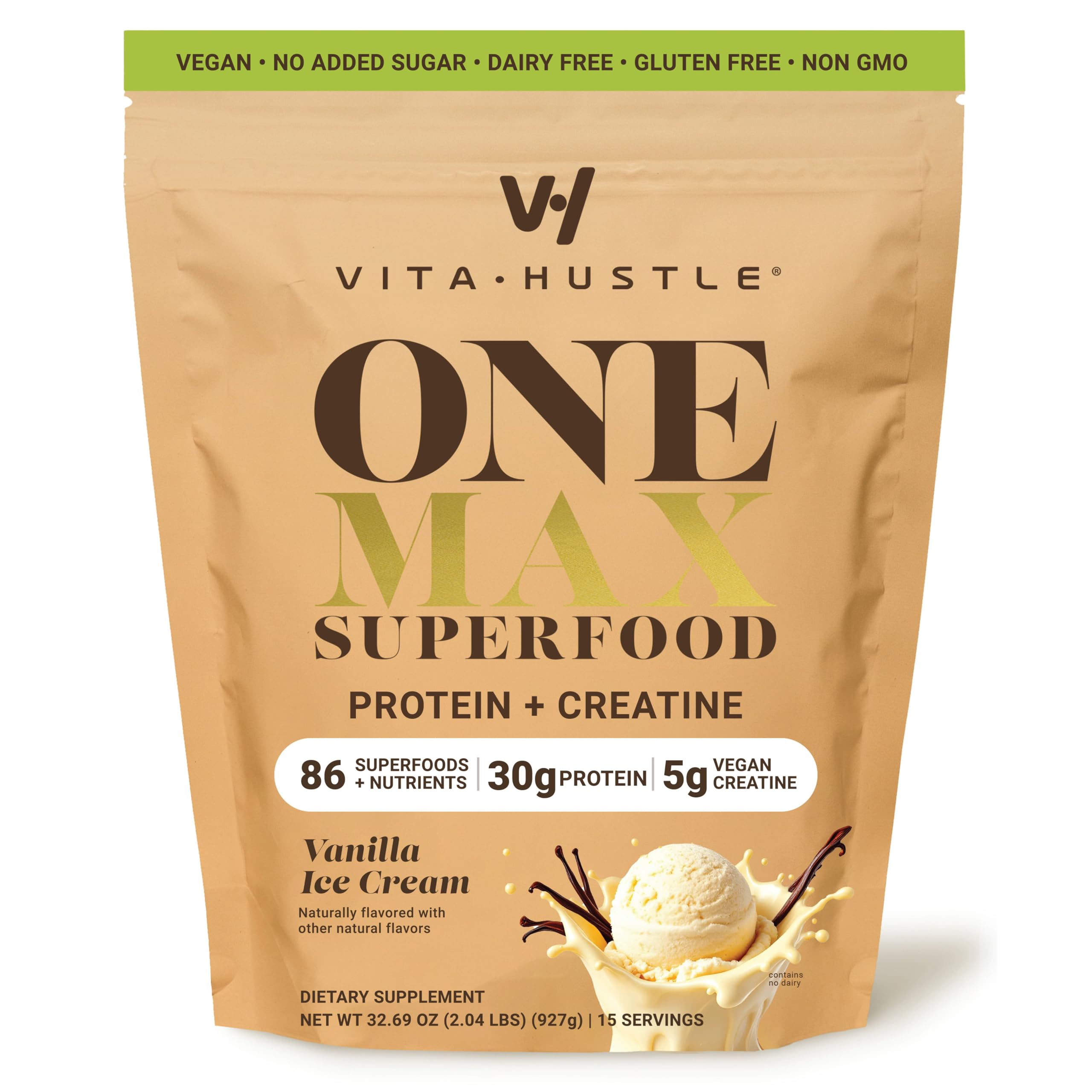 VitaHustle ONE Max Protein + 5g Creatine – Vanilla Ice Cream, 15 Servings