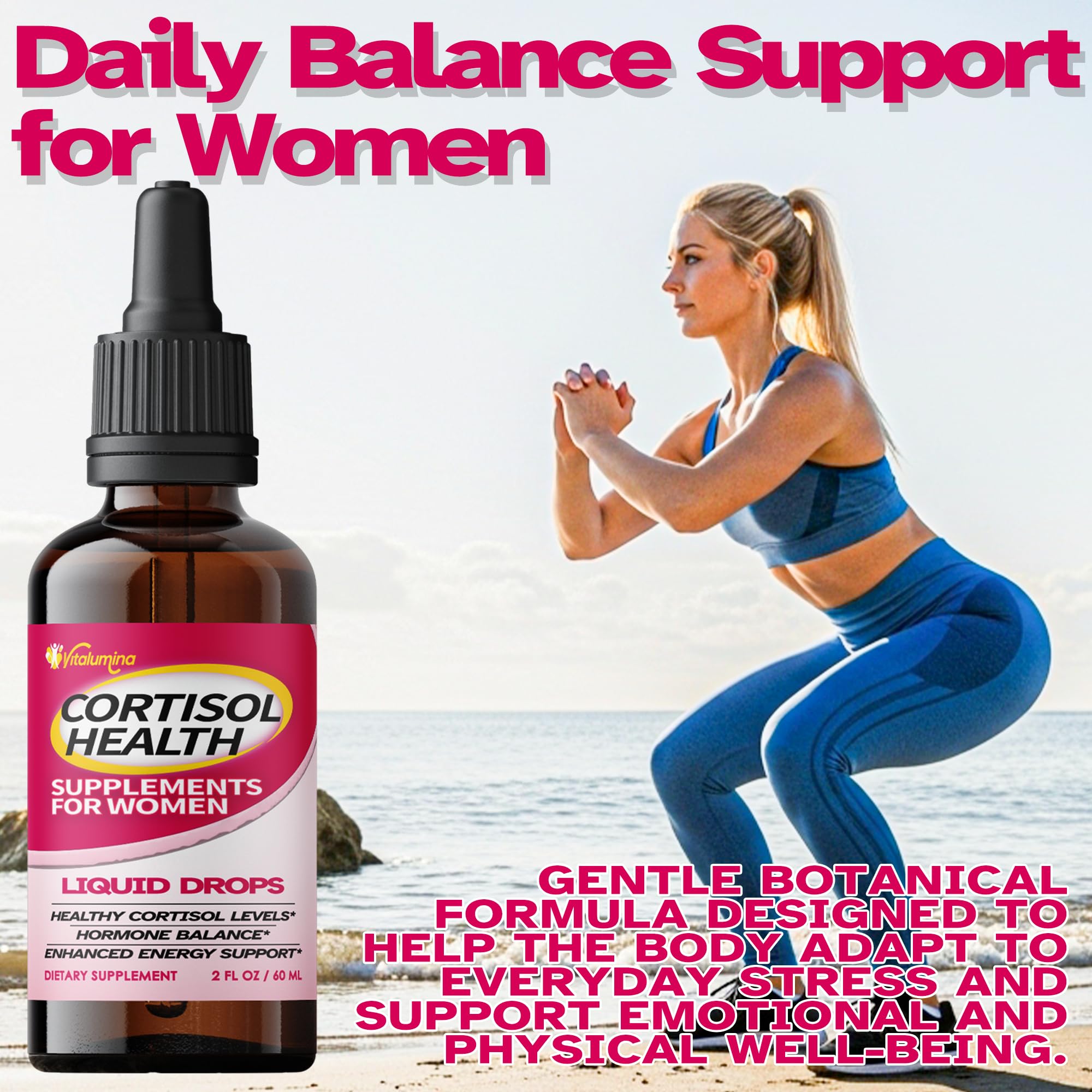 VitaLumina Cortisol Supplements for Women - 10 in 1 Liquid Drops with Ashwagandha, Magnesium & L-Theanine for Stress, Mood, Relaxation & Hormone Balance - 4 FL.OZ