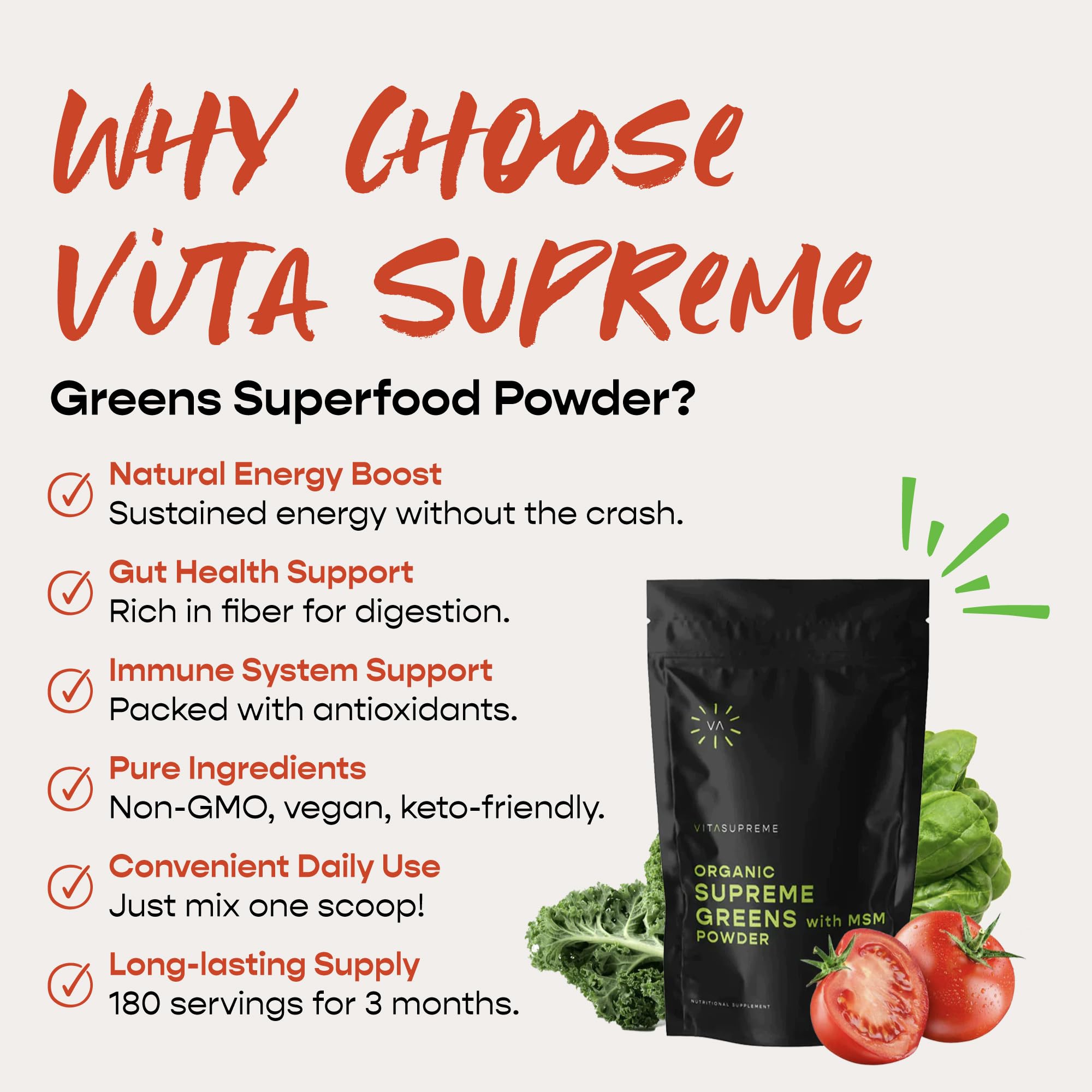 VITASUPREME Organic Greens Powder with MSM | Gut Health, Immune Support, Energy | Sugar Free, Non-GMO, Keto, Vegan | 60 Servings