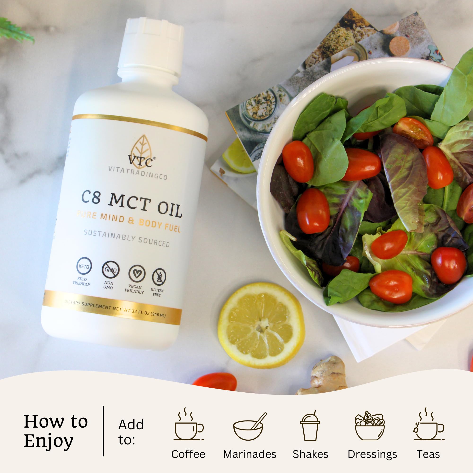 VTC VitaTradingCo. 100% Pure C8 MCT Oil | 128oz, 3X Distilled, Keto & Paleo