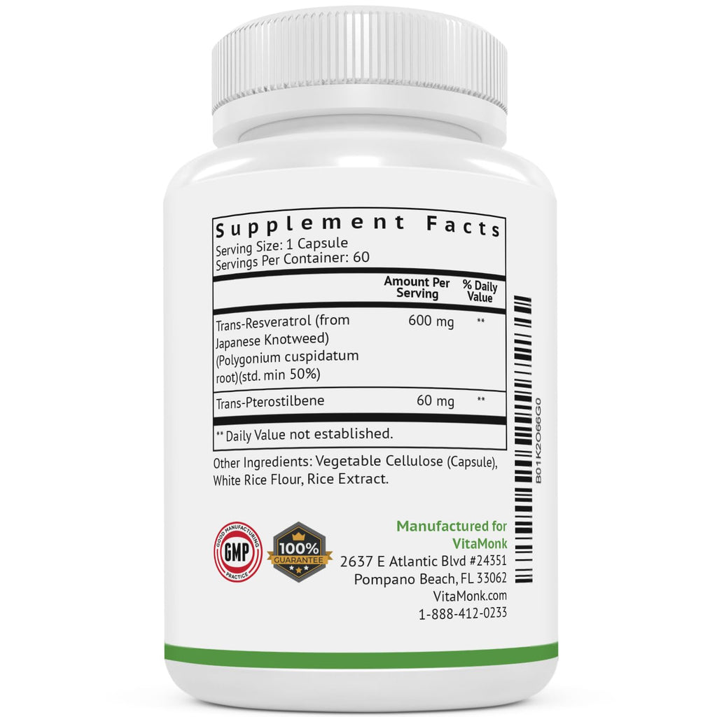VitaMonk Resveratrol + Pterostilbene 600/60mg - Healthy Aging (60 Caps)
