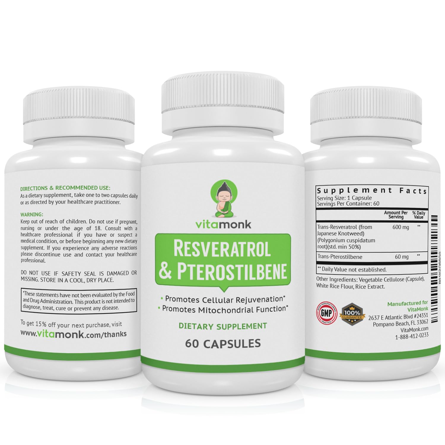 VitaMonk Resveratrol + Pterostilbene 600/60mg - Healthy Aging (60 Caps)
