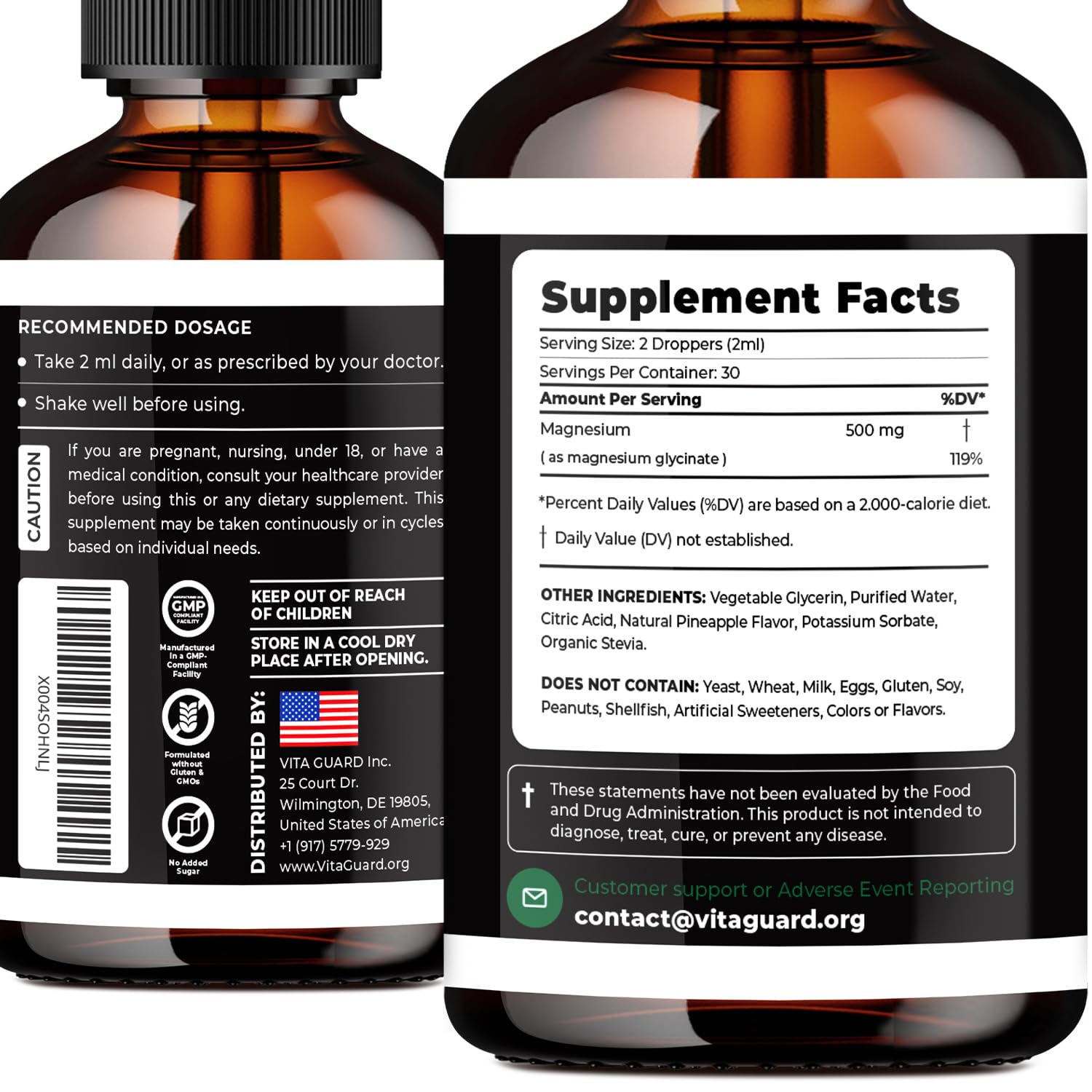 Vita Guard Magnesium Glycinate 500mg Liquid Drops – Fast-Absorbing Mg for Sleep, Stress Relief & Muscle Cramps | Sugar-Free, Vegan