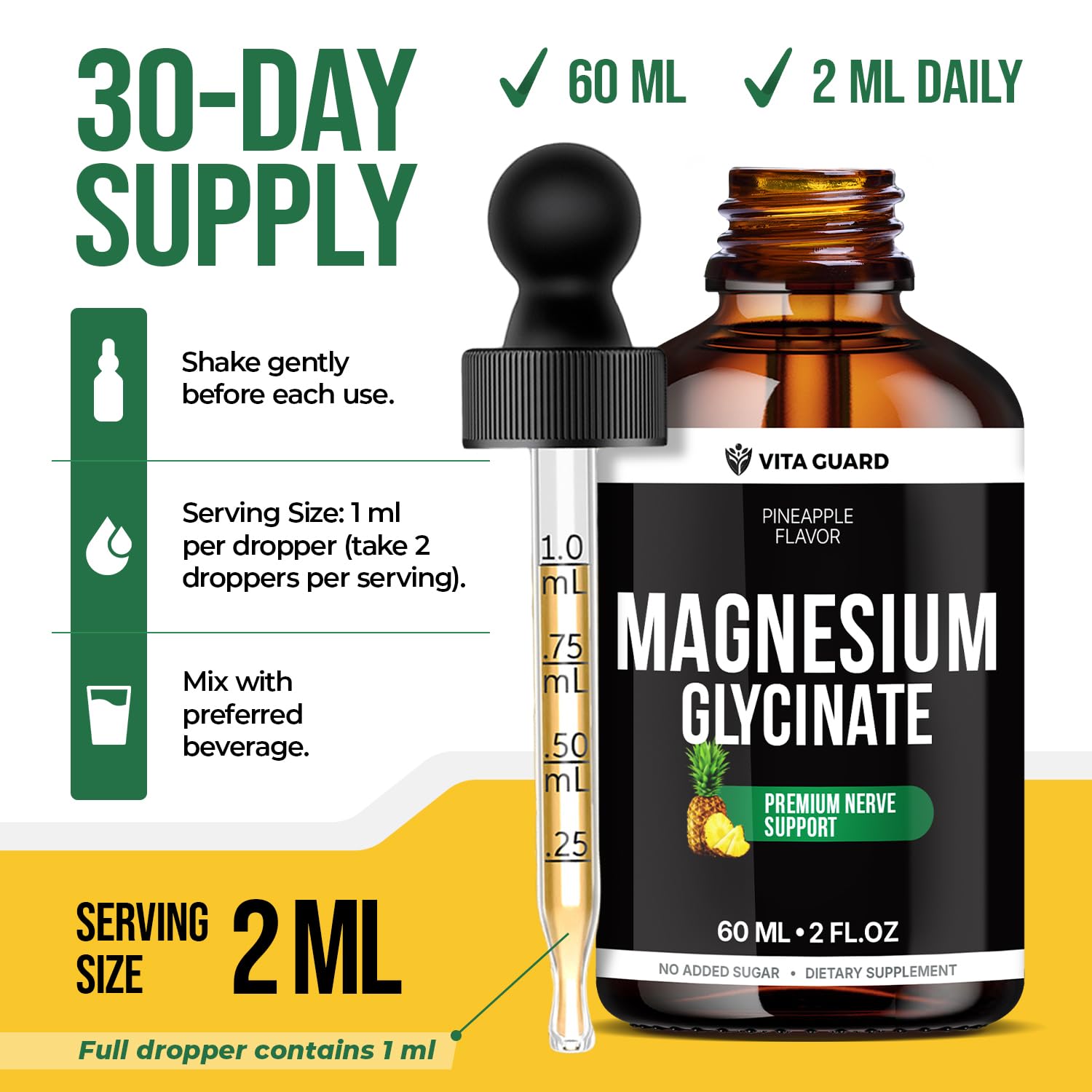 Vita Guard Magnesium Glycinate 500mg Liquid Drops – Fast-Absorbing Mg for Sleep, Stress Relief & Muscle Cramps | Sugar-Free, Vegan