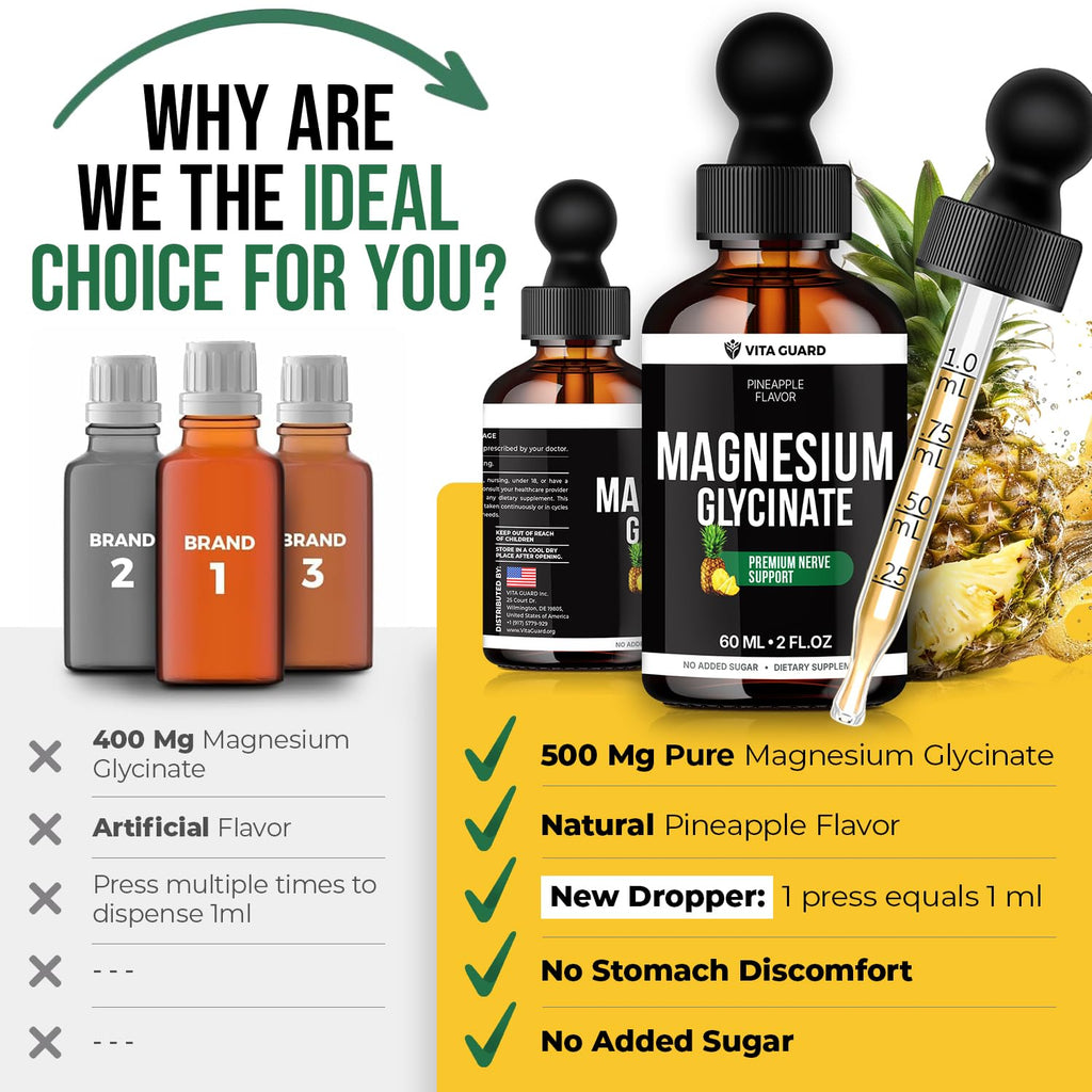 Vita Guard Magnesium Glycinate 500mg Liquid Drops – Fast-Absorbing Mg for Sleep, Stress Relief & Muscle Cramps | Sugar-Free, Vegan