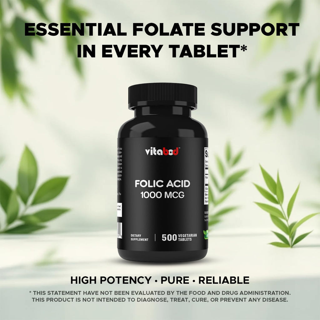 Vitabod Folic Acid 1 mg (1000 mcg) – 500 Vegetarian Tablets | Prenatal & Postnatal Vitamin