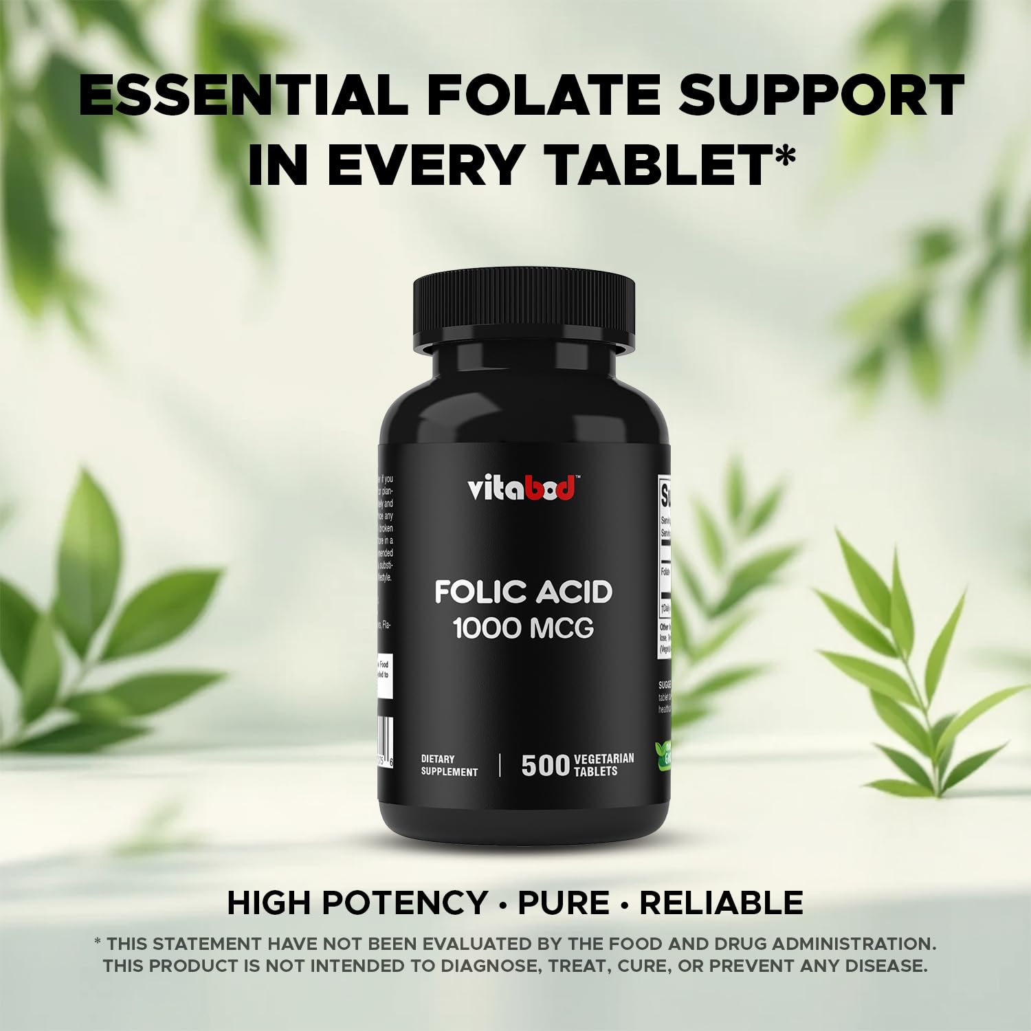 Vitabod Folic Acid 1 mg (1000 mcg) – 500 Vegetarian Tablets | Prenatal & Postnatal Vitamin