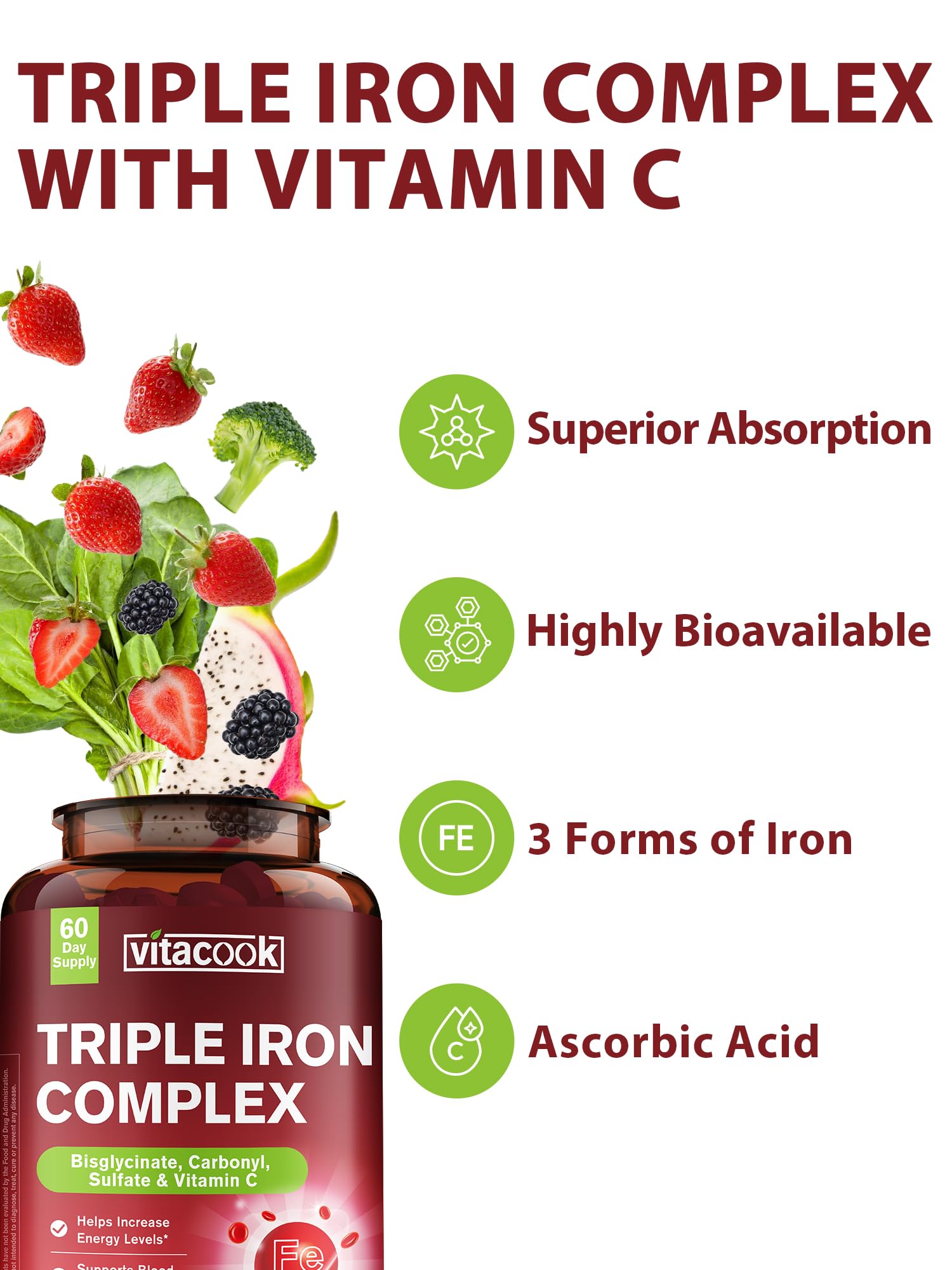 Vitacook Iron Supplement 65mg – 3-in-1 Bisglycinate, Sulfate & Carbonyl Iron with Vitamin C, 60 Tablets