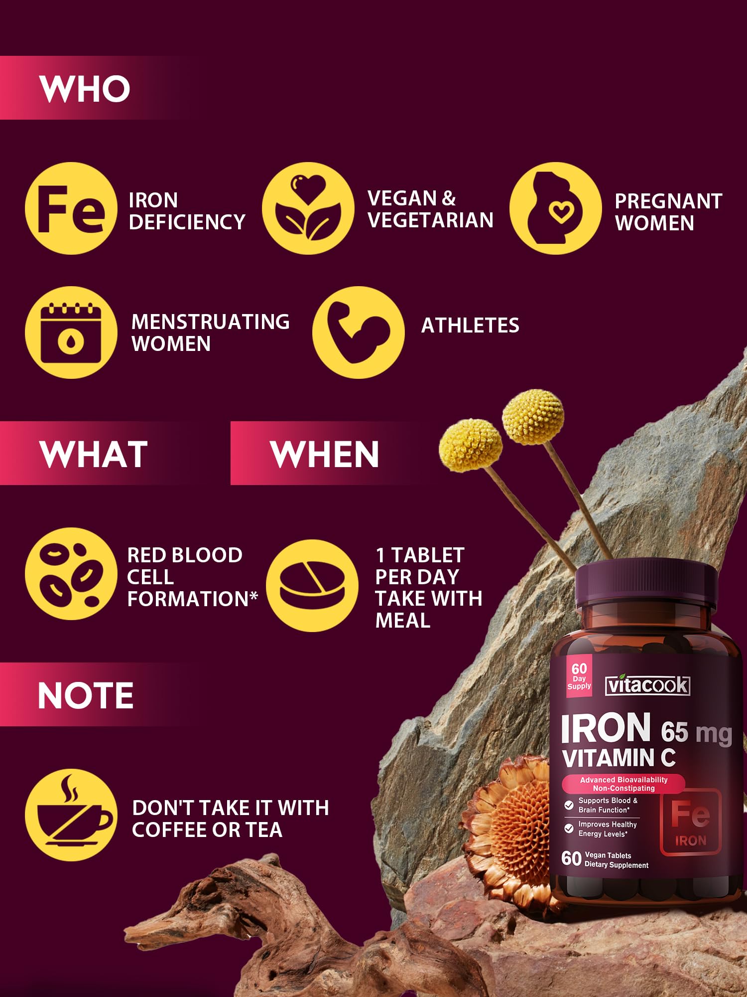 Vitacook Iron Supplement – 65mg Iron + 250mg Vitamin C | Gluten Free