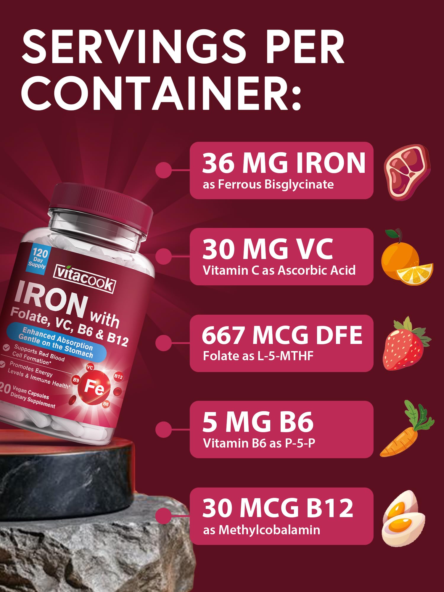 Vitacook Iron Supplement for Women & Men, Iron Bisglycinate with Vitamin C, B6, B12, Folate, Stomach Friendly, Non-Constipating, Blood Health & Energy Boost, 120 Vegan Caps
