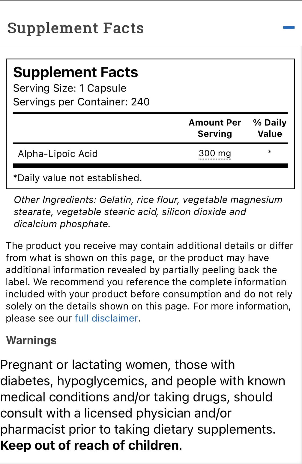 Vitacost Alpha Lipoic Acid 300 mg - 240 Capsules