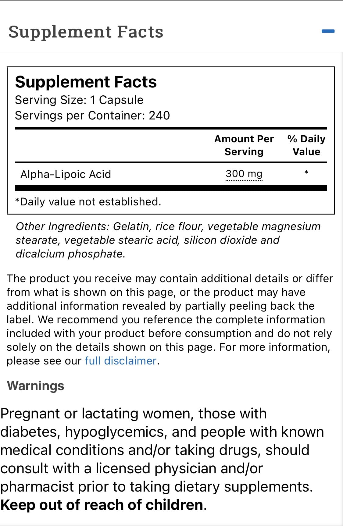 Vitacost Alpha Lipoic Acid 300 mg - 240 Capsules