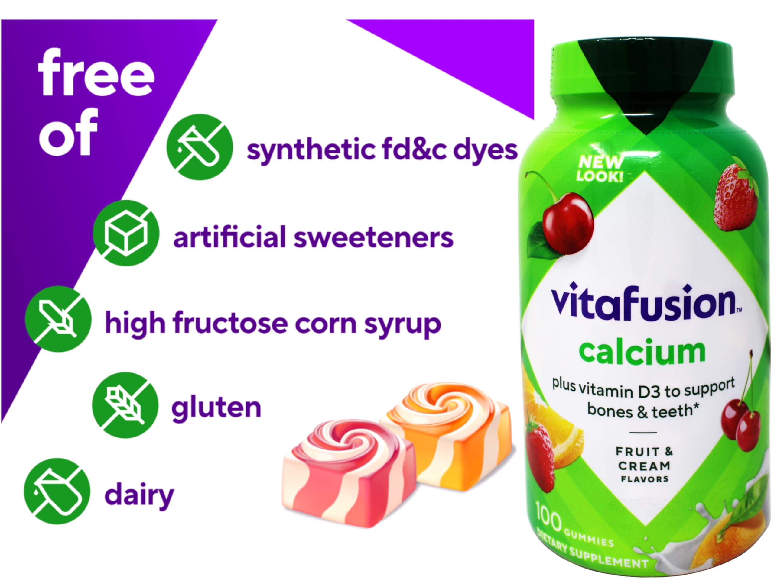 Vitafusion Calcium Gummies with Vitamin D for Adults – 500 mg Calcium, 1000 IU Vitamin D, Pack of 2 (2x100-count)