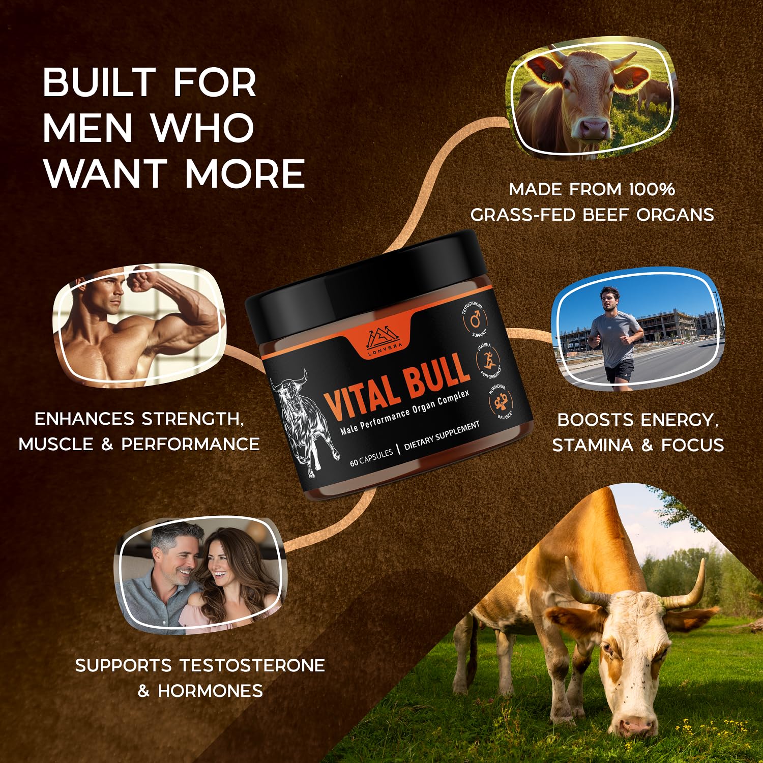 Lonvera Vital Bull Beef Organ Supplement for Men – Grass-Fed Liver, Testicle, Prostate & Bone Marrow | 30 Day Supply
