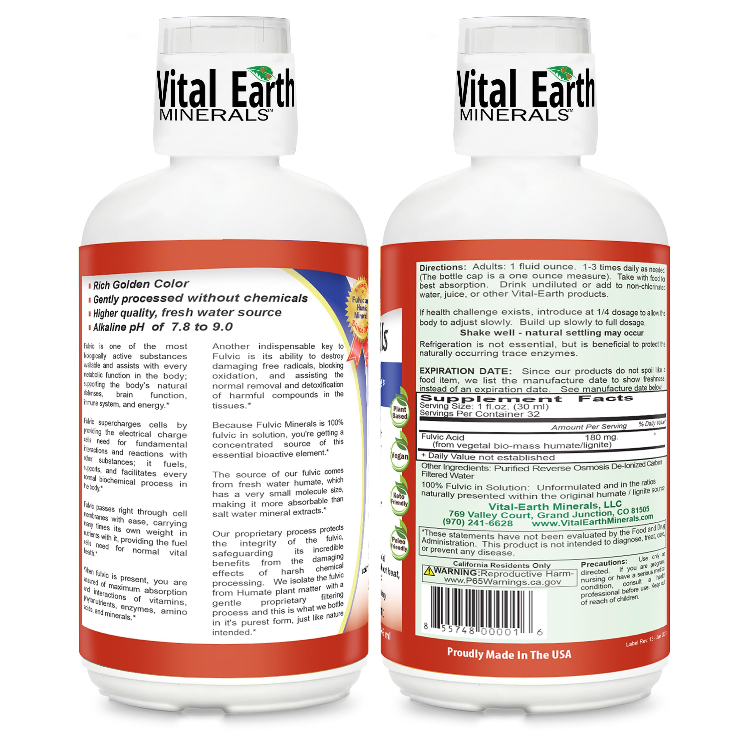 Vital Earth Minerals Fulvic Minerals Liquid – Fulvic Acid with 70+ Trace Minerals, 32 oz + 1 oz Cup