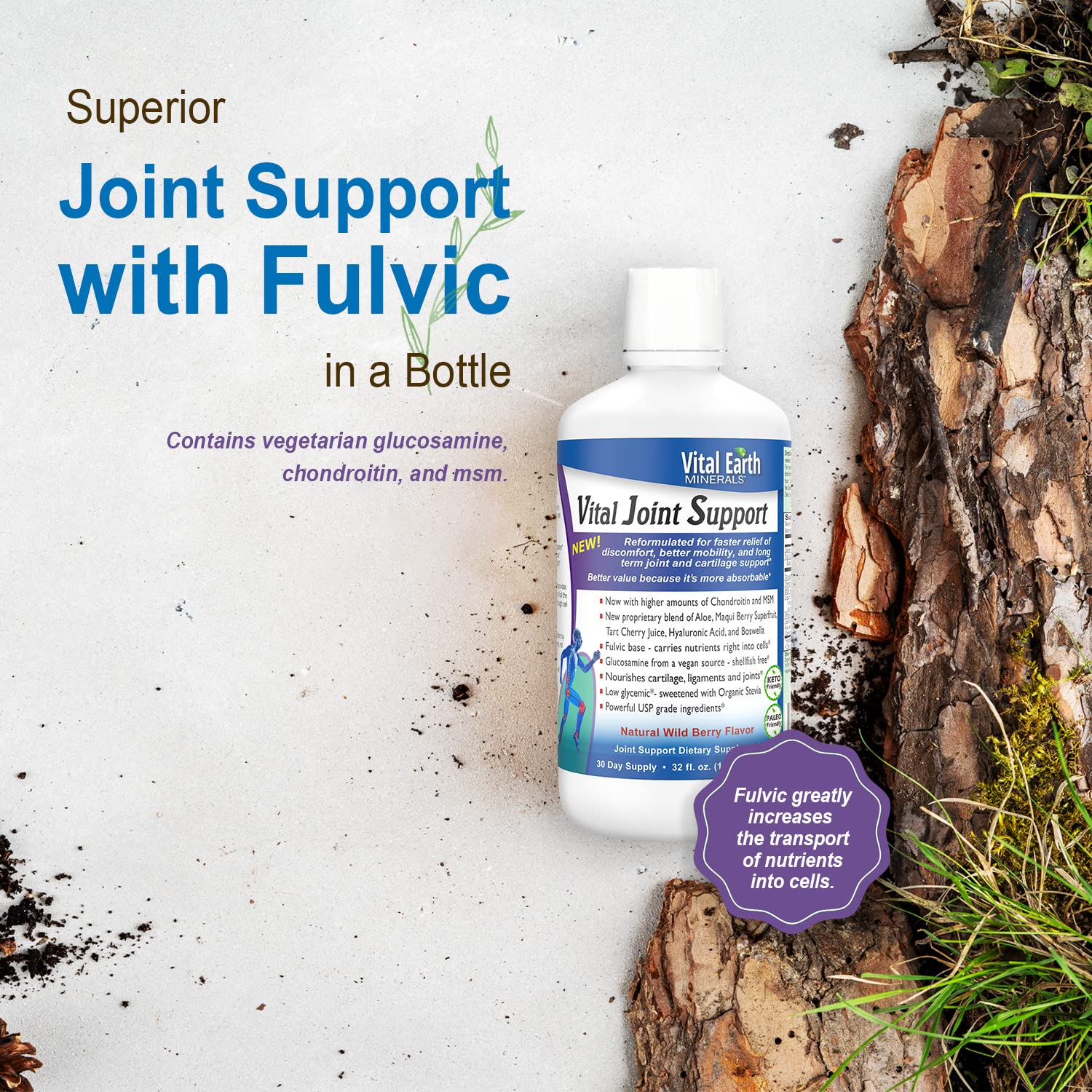 Vital Earth Liquid Joint Support – Glucosamine, Chondroitin, MSM, Hyaluronic Acid, Boswellia & Fulvic Minerals (32 oz + 1 oz Cup)