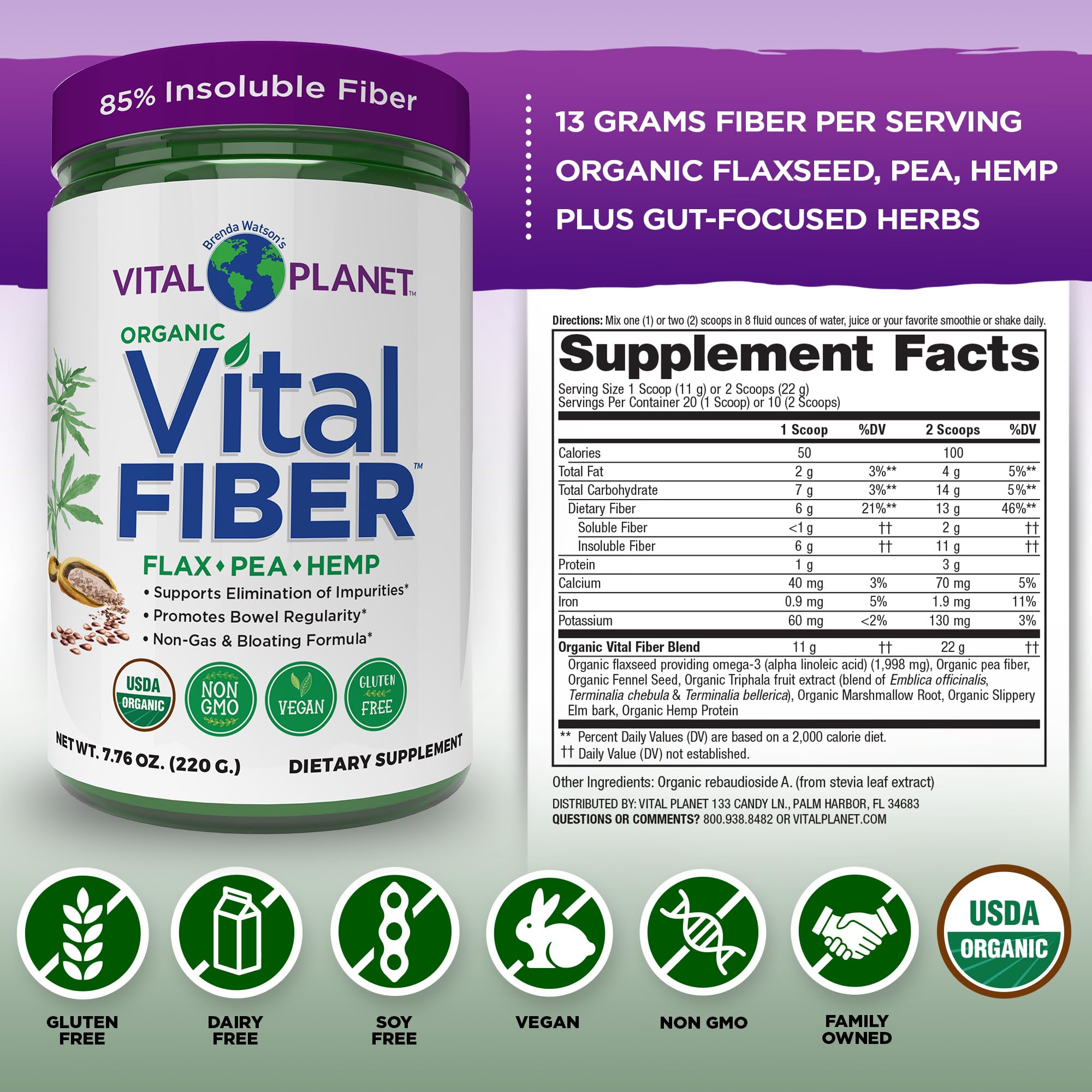 Vital Fiber Powder - Organic Insoluble & Soluble Fiber | Vital Planet 7.76 oz