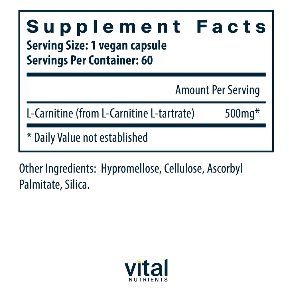Vital Nutrients Carnitine 500mg – L-Carnitine for Heart Health | Vegan, Gluten & Dairy Free | 60 Capsules