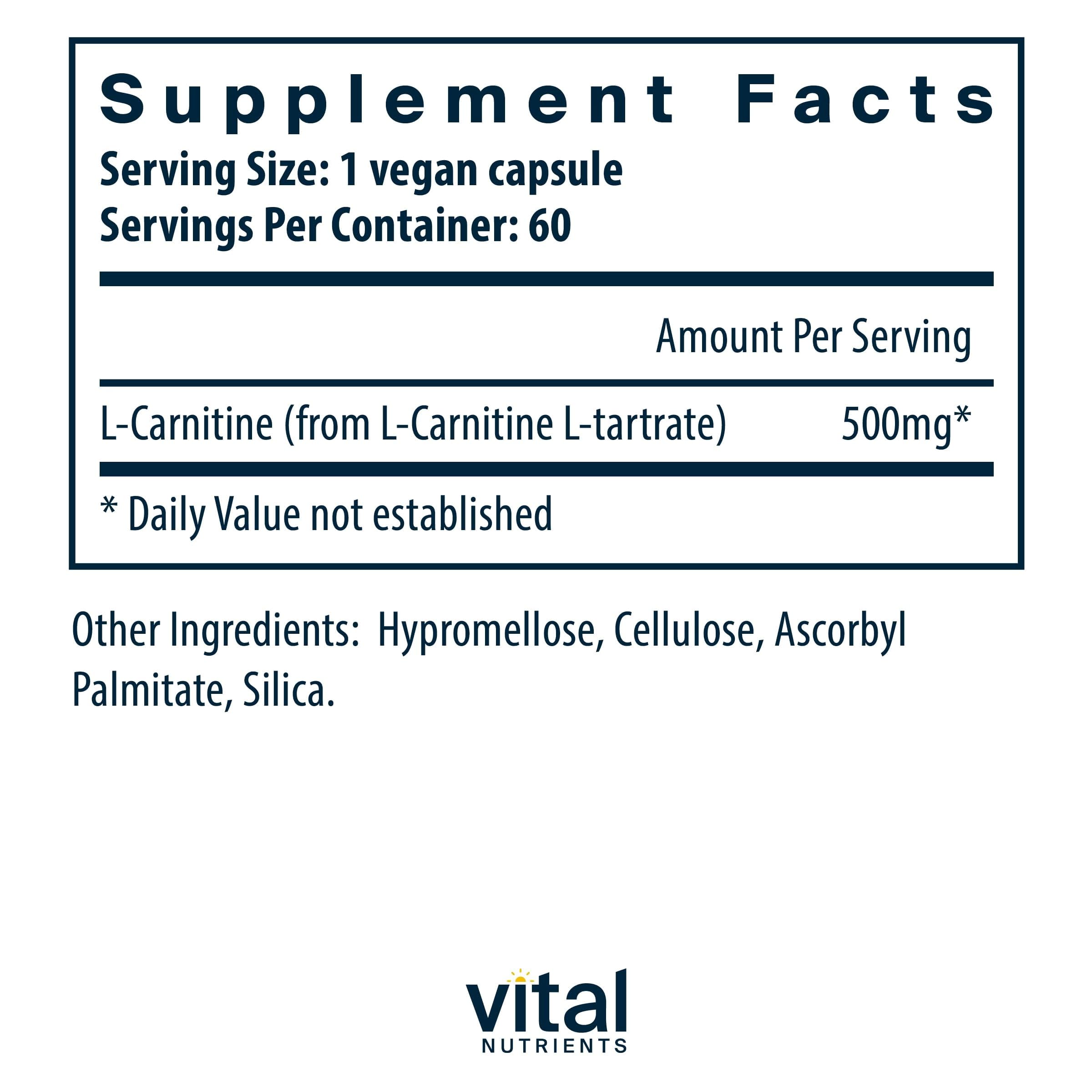 Vital Nutrients Carnitine 500mg – L-Carnitine for Heart Health | Vegan, Gluten & Dairy Free | 60 Capsules