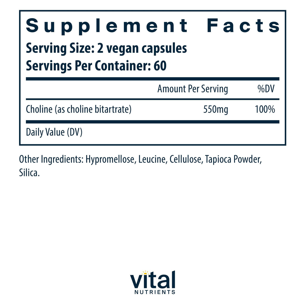 Vital Nutrients Choline 550mg – Vegan, Non-GMO, 100% RDA | 120 Capsules