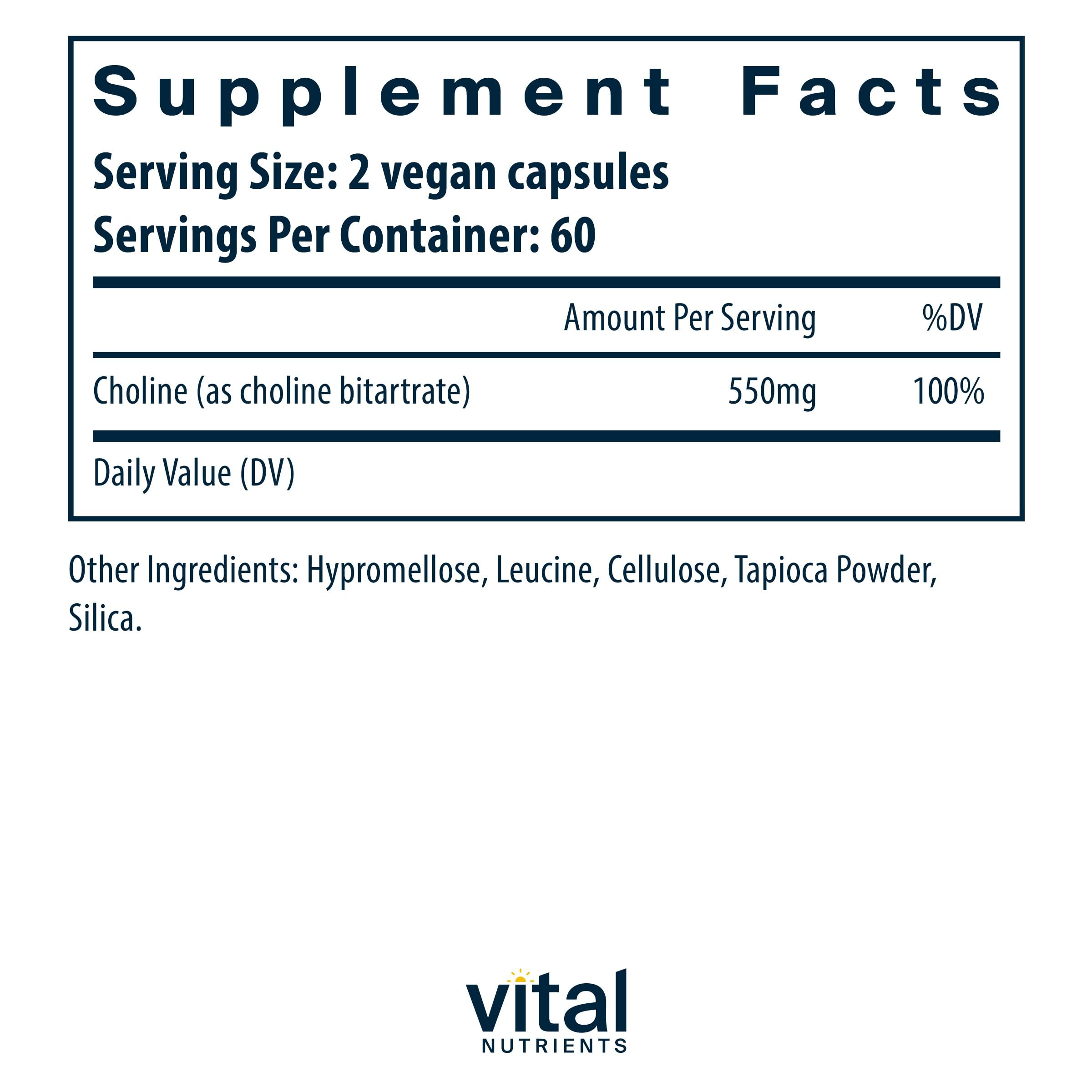 Vital Nutrients Choline 550mg – Vegan, Non-GMO, 100% RDA | 120 Capsules