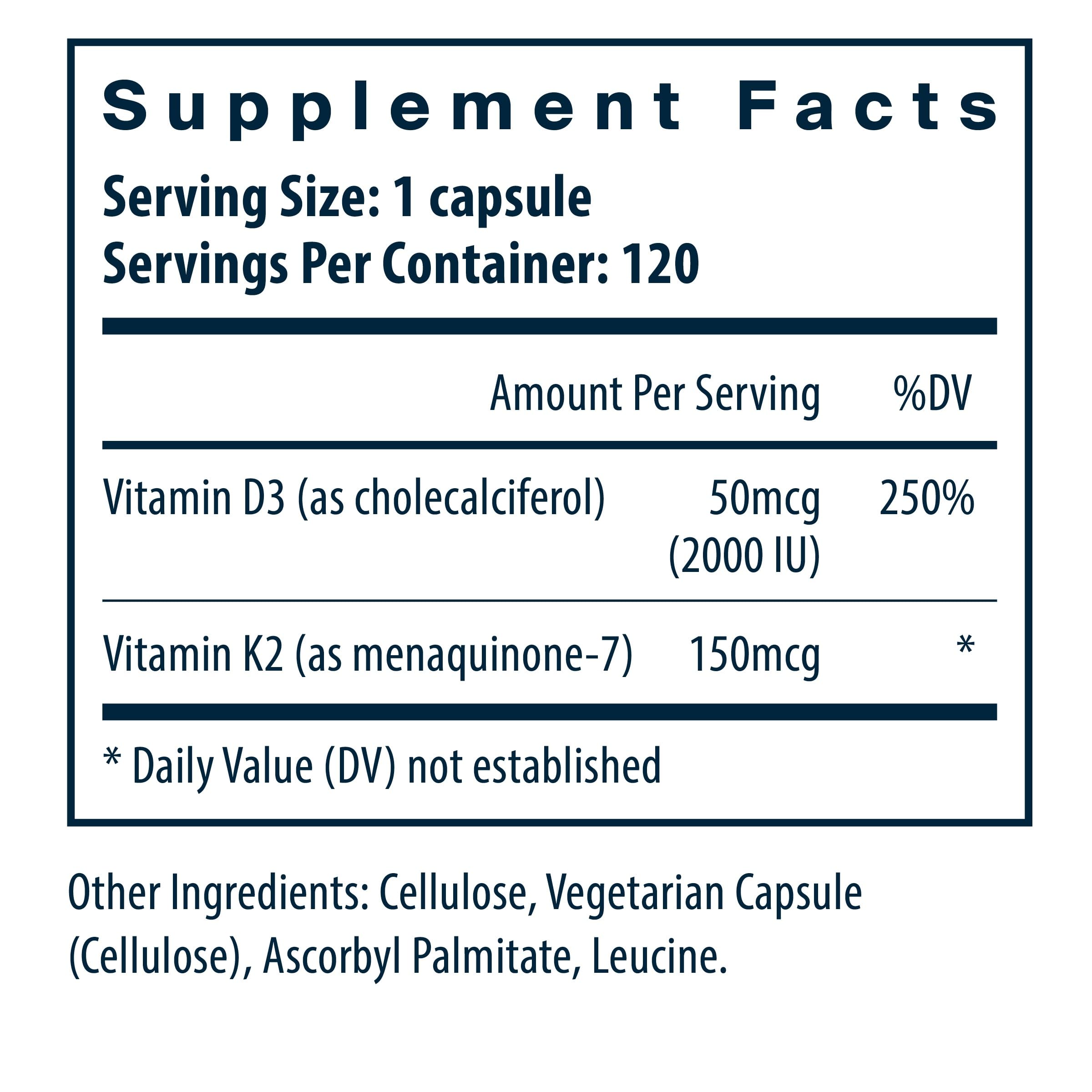 Vital Nutrients Vitamin D3 + K2 2000 IU — Bone & Muscle Support | 120 Capsules