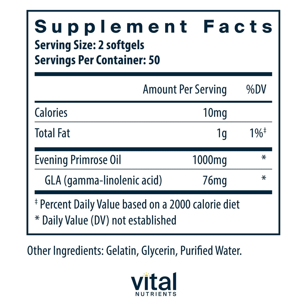 Vital Nutrients Evening Primrose Oil 1000mg – GLA Omega-6, 100 Softgels