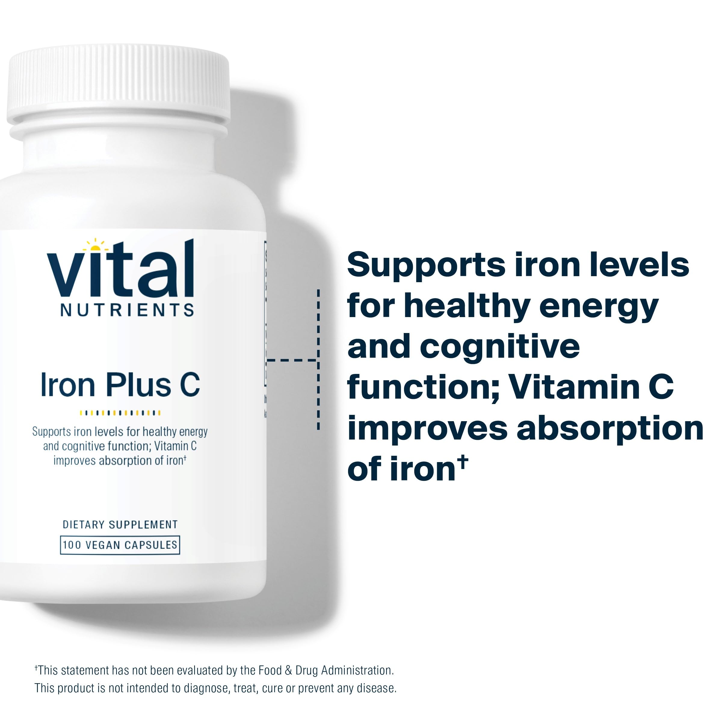 Vital Nutrients Iron Plus C - Vegan Iron Supplement with 20 mg Iron + 200 mg Vitamin C | Gluten Free, Non-GMO | 100 Capsules