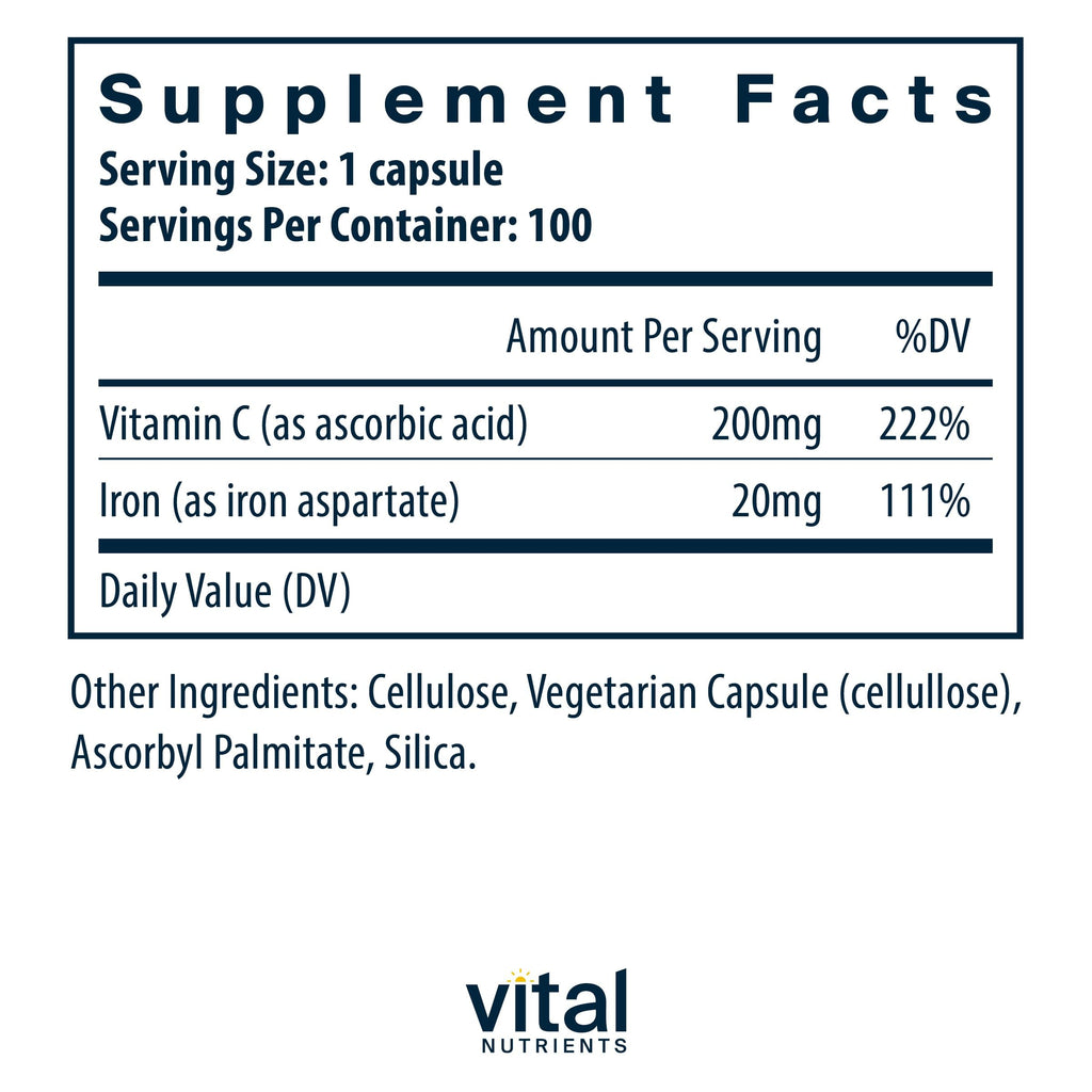 Vital Nutrients Iron Plus C - Vegan Iron Supplement with 20 mg Iron + 200 mg Vitamin C | Gluten Free, Non-GMO | 100 Capsules