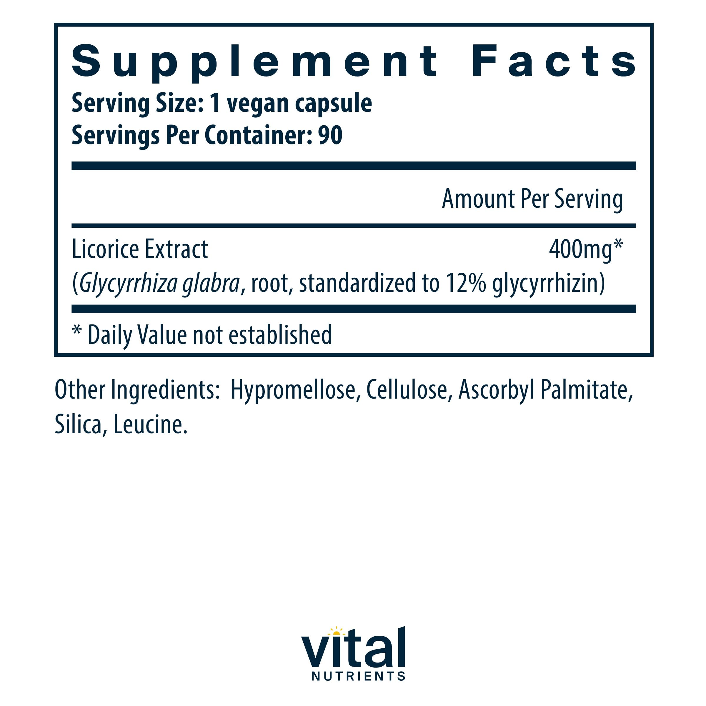 Vital Nutrients Licorice Root Extract | Herbal Immune & Adrenal Support | 90 Vegetarian Capsules - 400 mg