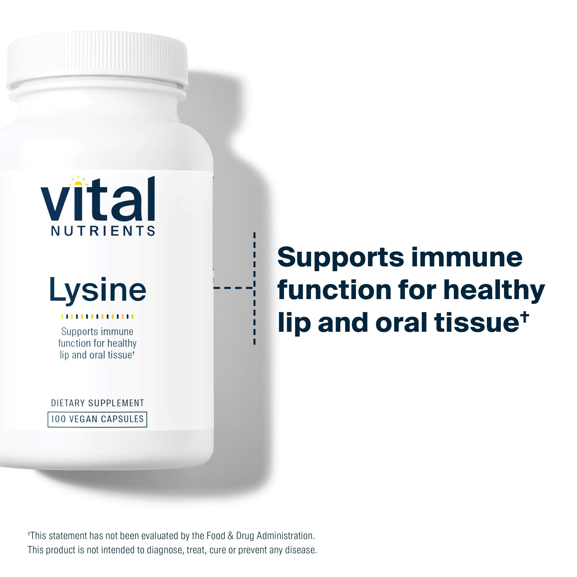Vital Nutrients Lysine | Lysine Supplement Supports Healthy Lip and Oral Tissue | Immune Support Supplement Promotes Calcium Absorption | Gluten, Dairy, Soy Free | Non-GMO | 100 Capsules