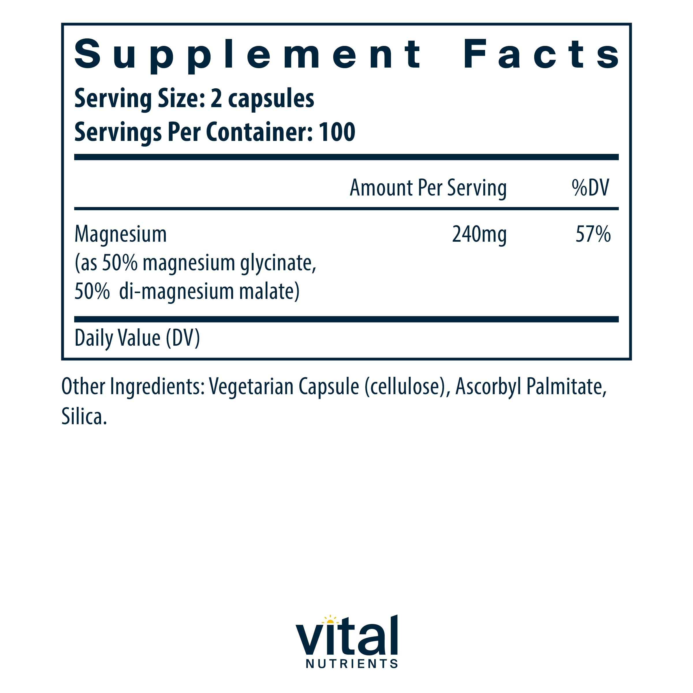 Vital Nutrients Magnesium Glycinate + Malate 120mg | Vegan Magnesium Supplement for Relaxation | 200 Capsules
