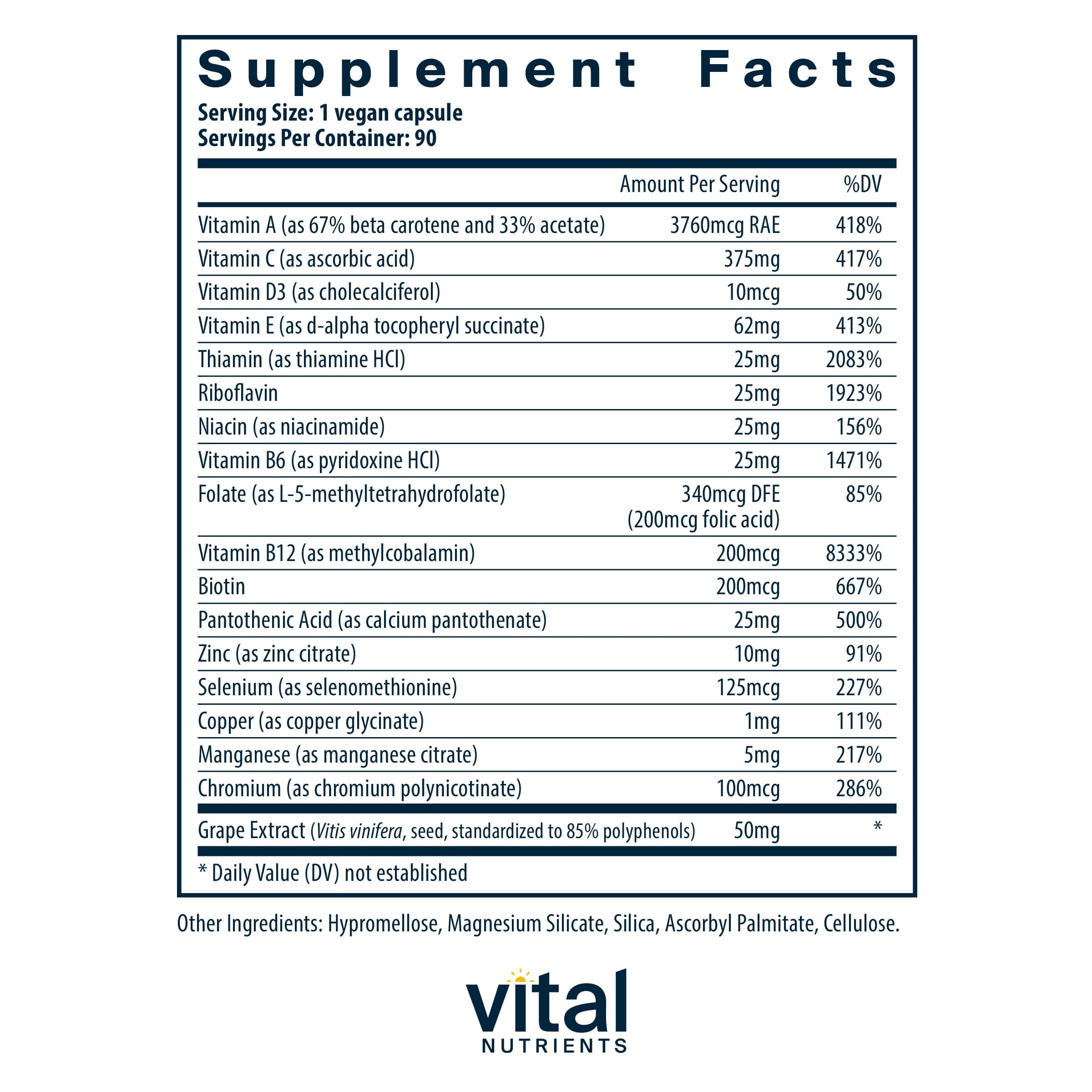 Vital Nutrients Minimal and Essential Multivitamin | Vegetarian One per Day Multi Vitamin, Mineral, & Antioxidant Supplement* | Iron-Free | Gluten, Dairy, Soy Free | Non-GMO | 90 Capsules