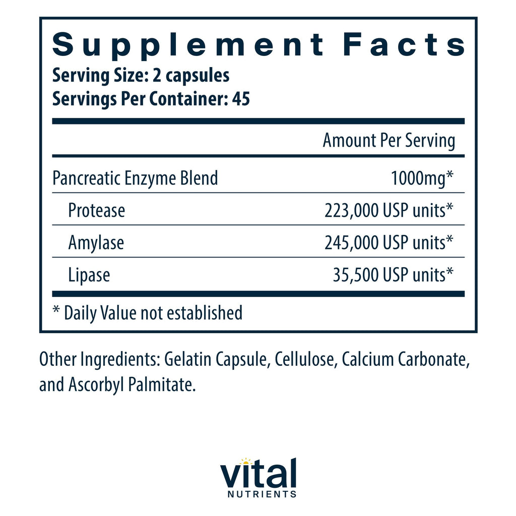 Vital Nutrients Pancreatic Enzymes 1000mg – Full Strength Digestive Enzymes (Protease, Amylase, Lipase) | Gluten, Dairy & Soy Free | 90 Capsules