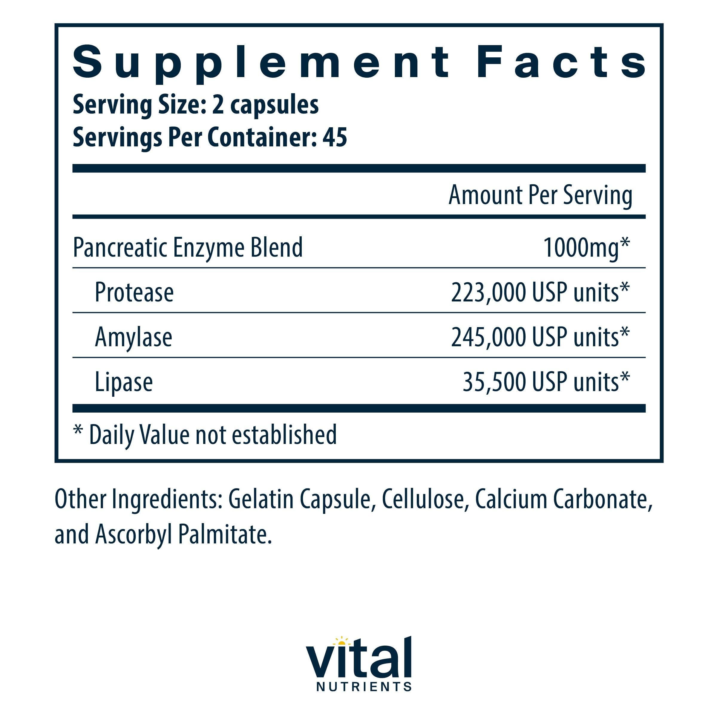 Vital Nutrients Pancreatic Enzymes 1000mg – Full Strength Digestive Enzymes (Protease, Amylase, Lipase) | Gluten, Dairy & Soy Free | 90 Capsules